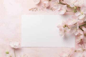 Fototapeta na wymiar a white card surrounded by pink flowers on a light pink background with space for a message or a greeting card.