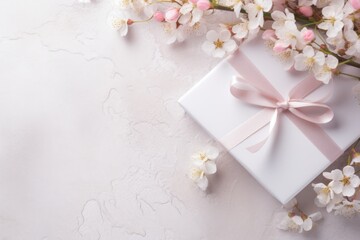 Obraz na płótnie Canvas a white gift box with a pink ribbon and a pink bow on a white background with pink and white flowers.