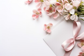  a bouquet of pink flowers and a white card with a pink ribbon on a white background with space for text.