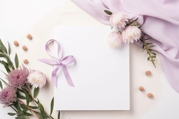  a white sheet of paper with a purple ribbon on top of it next to a bouquet of flowers and leaves.
