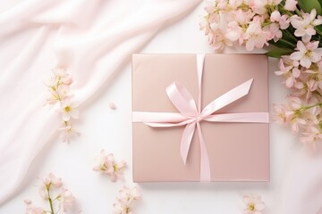  a pink gift box with a pink ribbon and a bouquet of flowers on a white background with a pink satin ribbon.
