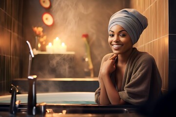 smiling African young woman sitting on the bathtub is relaxing in a hot spring with a towel on her head