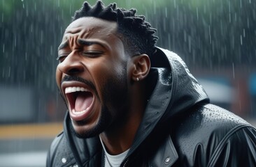 upset black man screaming, crying at street under rain. shock and emotional breakdown, depression. - obrazy, fototapety, plakaty