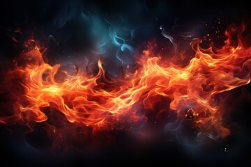  a dark background with red and orange fire and smoke on the left side of the image and on the right side of the image.