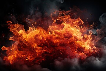  a close up of a bunch of fire on a black background with smoke coming out of the top of it.