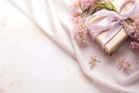  a gift wrapped in a pink ribbon and tied with a pink ribbon and pink flowers on a white satin background.