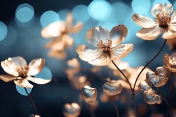  a close up of a bunch of flowers on a blue and black background with boke of lights in the background.