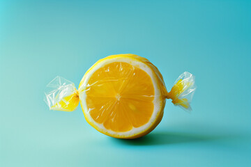 Half lemon wrapped like candy on bright blue background. Food creative concept.