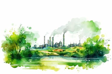 Illustration of eco-friendly planet. Green factory and tree on field, planting from watercolor stains, isolated on white. Think green. Ecology concept. Generative AI