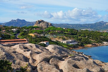 View of the sea and shoreline near Baja Sardinia on the Costa Smeralda (Emerald Coast), an exclusive coastal destination in Northern Sardinia on the Tyrrhenian Sea