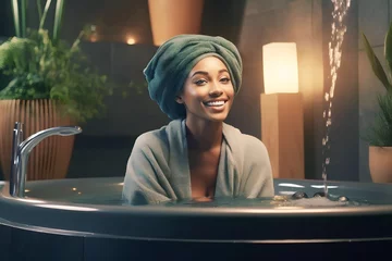 Cercles muraux Salon de beauté smiling African young woman sitting on the bathtub is relaxing in a hot spring with a towel on her head