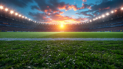Nighttime soccer match in a brightly lit, vibrant stadium with a pristine green field - obrazy, fototapety, plakaty