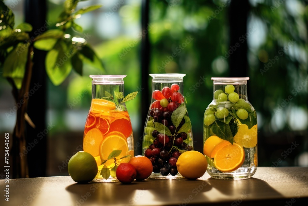 Poster a table topped with three vases filled with different types of fruit next to a pot filled with orang