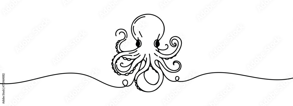 Poster one continuous line drawing of an octopus.