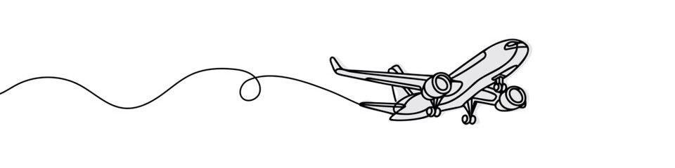 Continuous line drawing of a flying airplane.