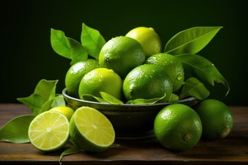  a bowl of limes on a table with leaves and limes in front of a bowl of limes.