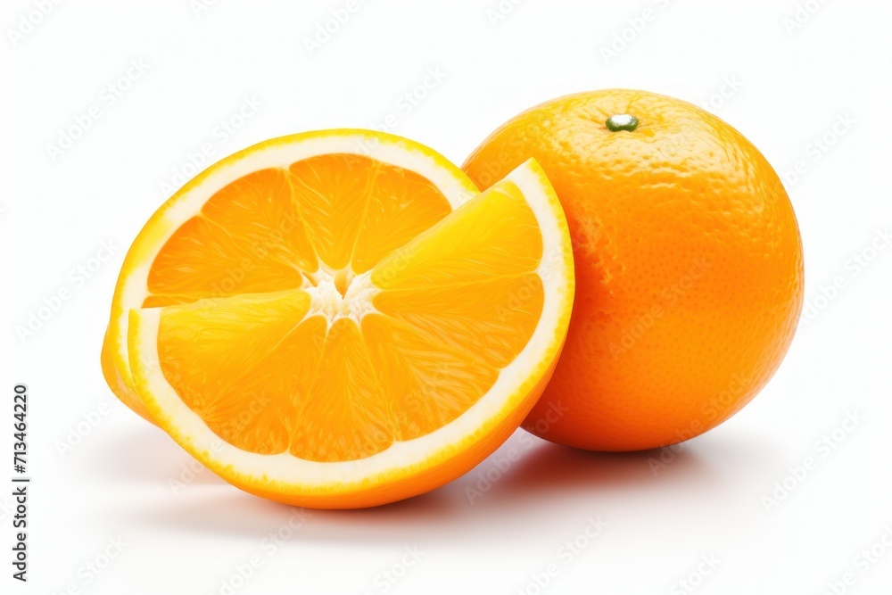 Poster two oranges cut in half sitting next to each other on a white surface with a light reflection behind