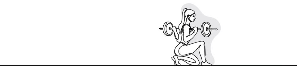Single continuous line drawing of a young girl with a barbell in the gym