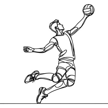 One continuous line depicts a young professional male volleyball player in action serving the ball on the court