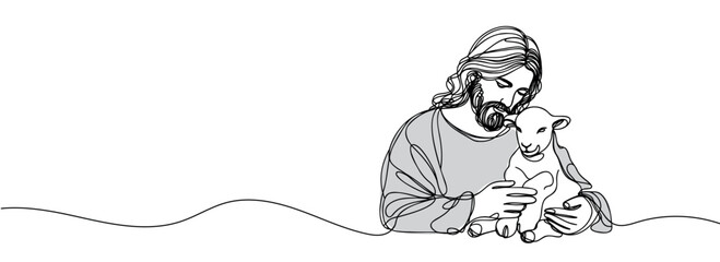 Obraz premium continuous drawing of Jesus Christ holding a lamb in his arms.