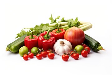  a pile of vegetables sitting next to each other on top of a pile of tomatoes, cucumbers, peppers, and broccoli.