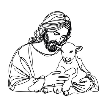 continuous drawing of Jesus Christ holding a lamb in his arms.