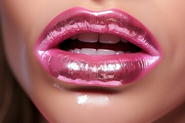  a close up of a woman's lips with a shiny pink lip glosse on top of her lips.
