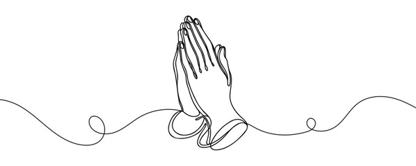 Continuous one line drawing of human hands folded in prayer. - obrazy, fototapety, plakaty