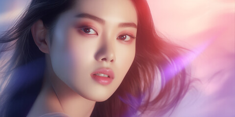 Beautiful young Asian woman with clean skin. Asian woman's portrait with windswept hair and pristine skin, bathed in a violet and pink light