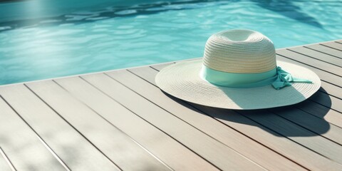 Obraz premium Womens straw sun hat on wooden deck over swimming pool. Summer tropical vacation.