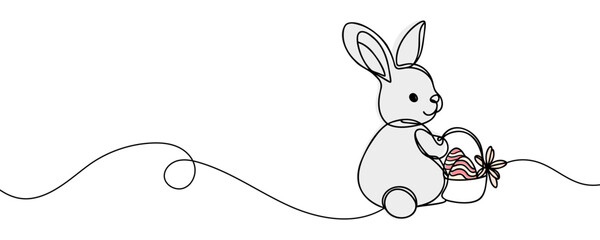 Easter bunny with colored eggs drawn in one line