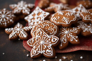 Obraz na płótnie Canvas Christmas gingerbread cookies in various holiday shapes. A variety of gingerbread treats beautifully arranged on a table, closeup