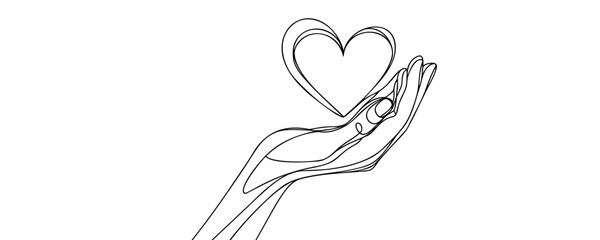 Continuous one line drawing holding a heart. isolated