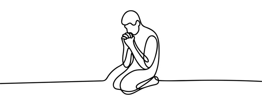 a guy drawing one continuous line is on his knees and praying