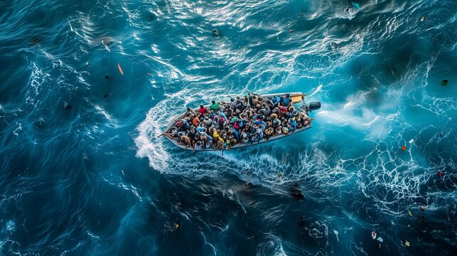 Migrants on the boat. Generative AI