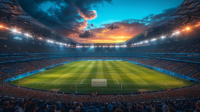 Fototapeta Nighttime soccer match in a brightly lit, vibrant stadium with a pristine green field