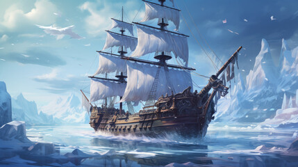 Ship navigating through a field of colossal icebergs - obrazy, fototapety, plakaty