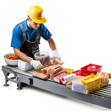Worker sorting through products on a conveyor belt isolated on white background, photo, png
