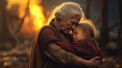 Sad gray-haired elderly woman hugs a small child on a dark street against the backdrop of a fire