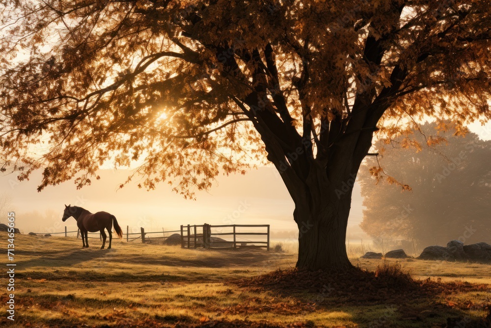 Poster a horse standing in a field next to a tree with a foggy sky behind it and a fence in the foreground.