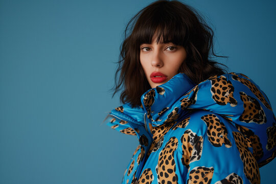 Portrait of a fashion woman in beautiful puffy vivid blue animal print jacket. Fashion editorial style. Copy space.
