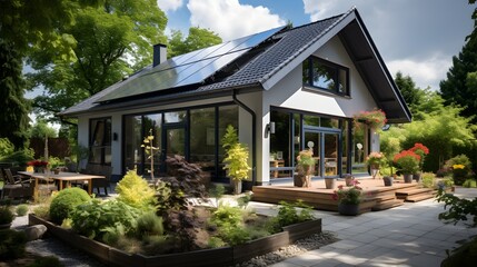 Fototapeta na wymiar House with solar panels on the roof under bright sky