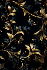 Abstract floral gold patterns with Baroque swirls on a black background