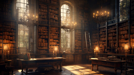 Vintage library with towering bookshelves filled with ancient tomes - obrazy, fototapety, plakaty