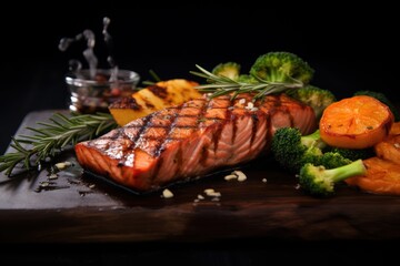  a piece of meat sitting on top of a wooden cutting board next to broccoli and other veggies.