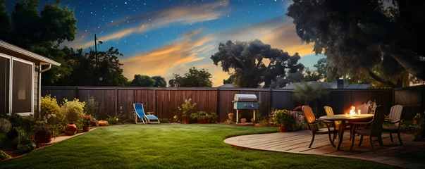 Deurstickers An average backyard of a suburban backyard wiht nice lush lawn and patio furniture  © PK