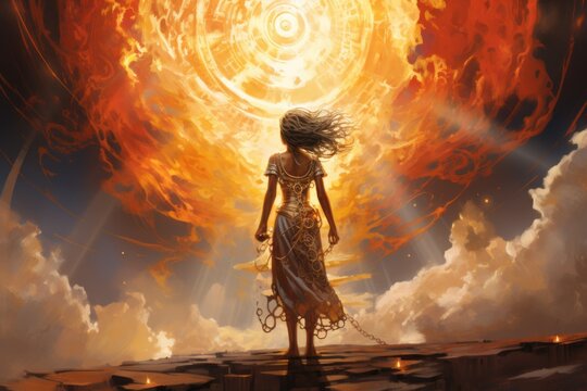  a painting of a woman standing in front of a giant sun with a chain around her neck and her hair blowing in the wind.
