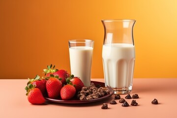  a plate of strawberries next to a glass of milk and a plate of chocolate chips on a pink surface.