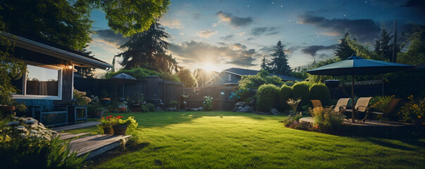 A lush backyard of a house naturally lit, green plants and patio furniture in the suburbs. perfect for product photography or staging wiht room for text, web banner. 