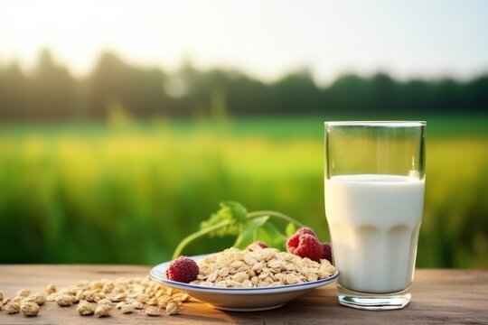  a glass of milk next to a plate of oatmeal and raspberries on a wooden table.